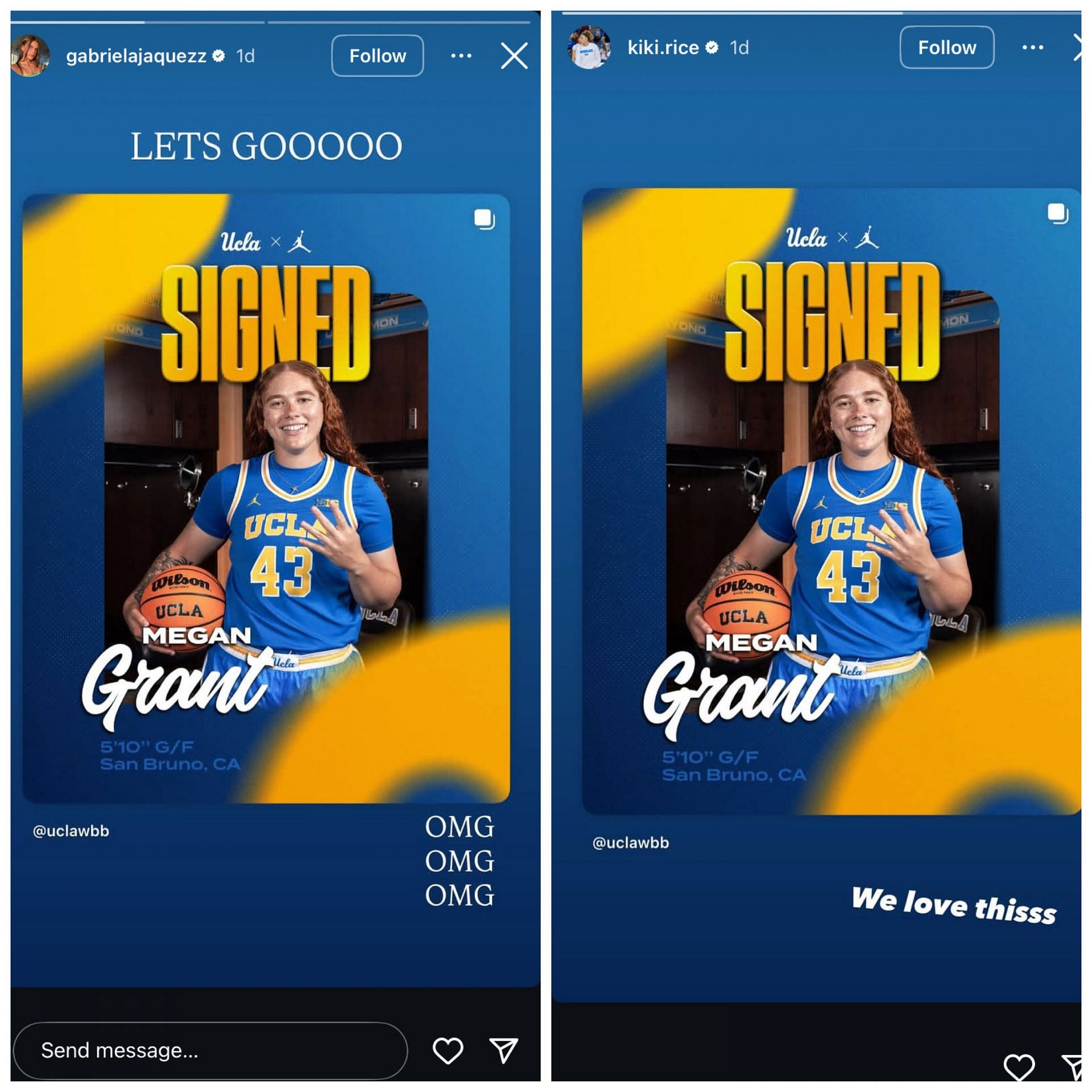 UCLA stars Kiki Rice and Gabriela Jaquez react to Megan Grant joining the Bruins' team on IG story. Image via @kiki.rice, @gabrielajaquezz